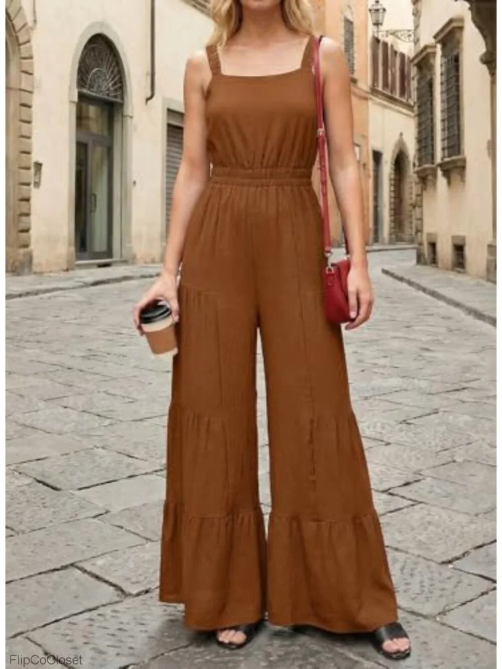 Womens Sleeveless Smocked Jumpsuit Ruffle Wide Leg Flowy Romper Summer
